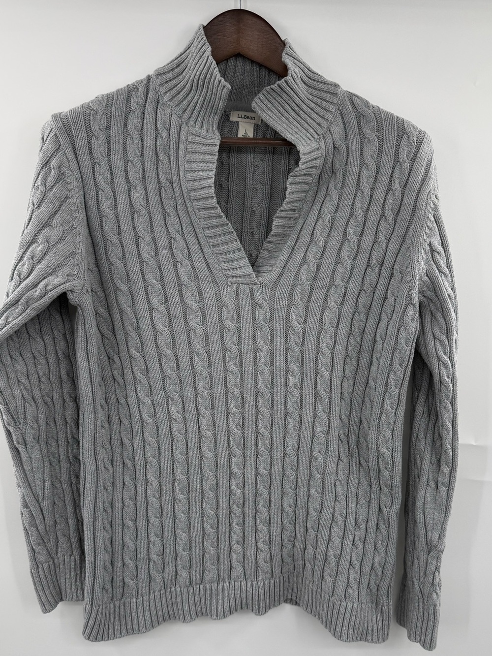 L.L.Bean Womens L Gray Cable Knit Sweater 100% Cotton Shawl Collar Pullover